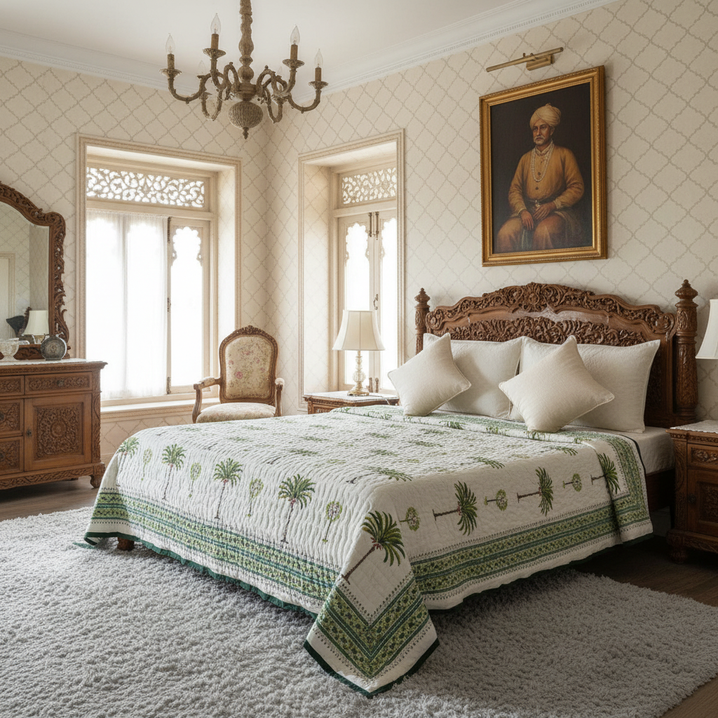 Hand Block Printed Cotton Medium Size Quilt Palm Tree Green 109024