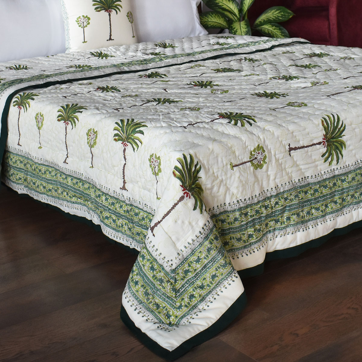 Hand Block Printed Cotton Queen Size Quilt  Palm Tree Green 109024