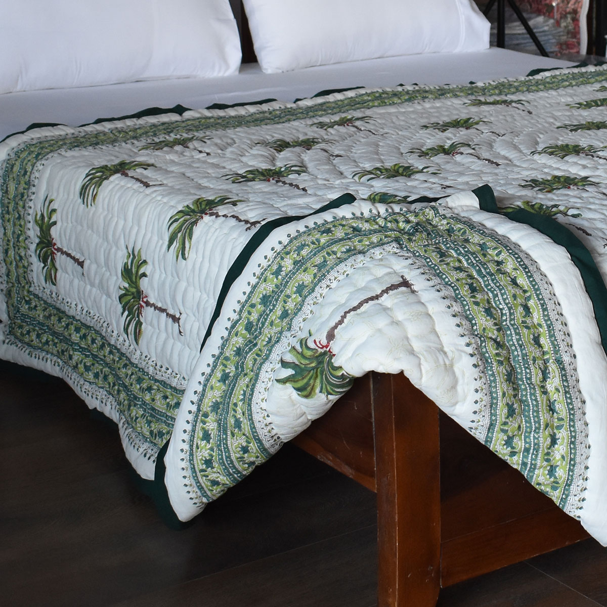 Hand Block Printed Cotton Medium Size Quilt Palm Tree Green 109024