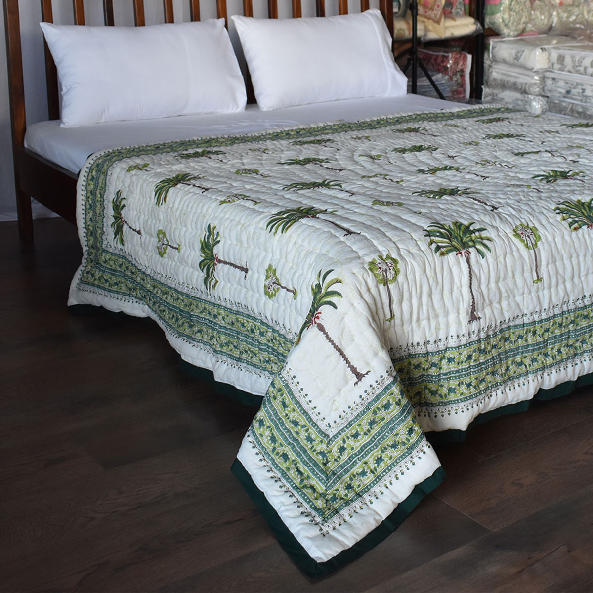 Hand Block Printed Cotton Medium Size Quilt Palm Tree Green 109024