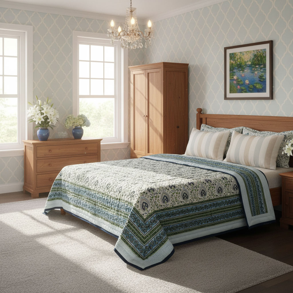 Hand Block Printed Twin Size Quilt  Pan Leaf Blue 309622