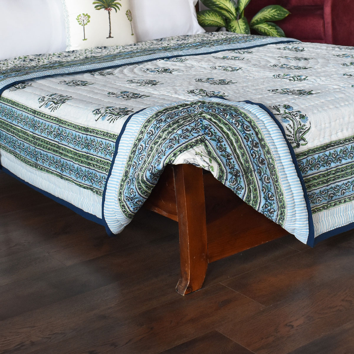Hand Block Printed Twin Size Quilt  Pan Leaf Blue 309622