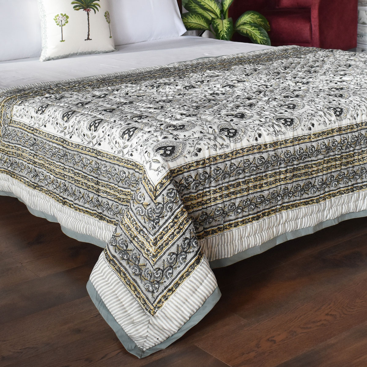 Hand Block Printed Cotton Twin Size Quilt Pan Leaf Dusk 21423