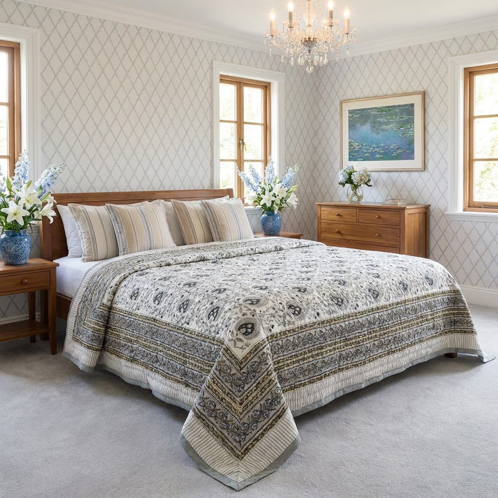 Hand Block Printed Cotton Twin Size Quilt Pan Leaf Dusk 21423