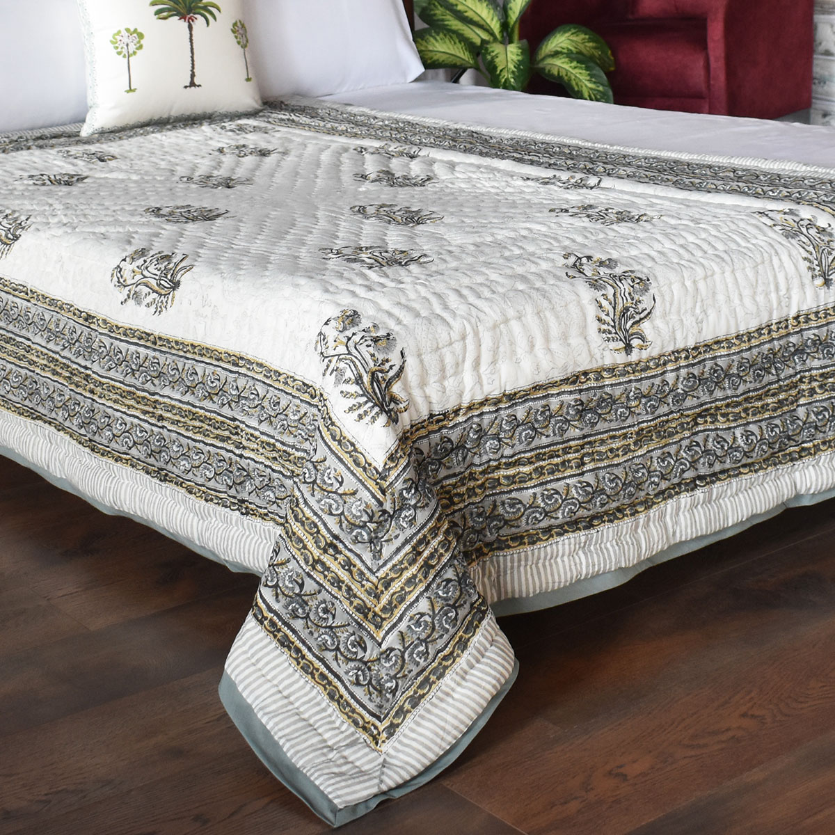 Hand Block Printed Cotton Twin Size Quilt Pan Leaf Dusk 21423