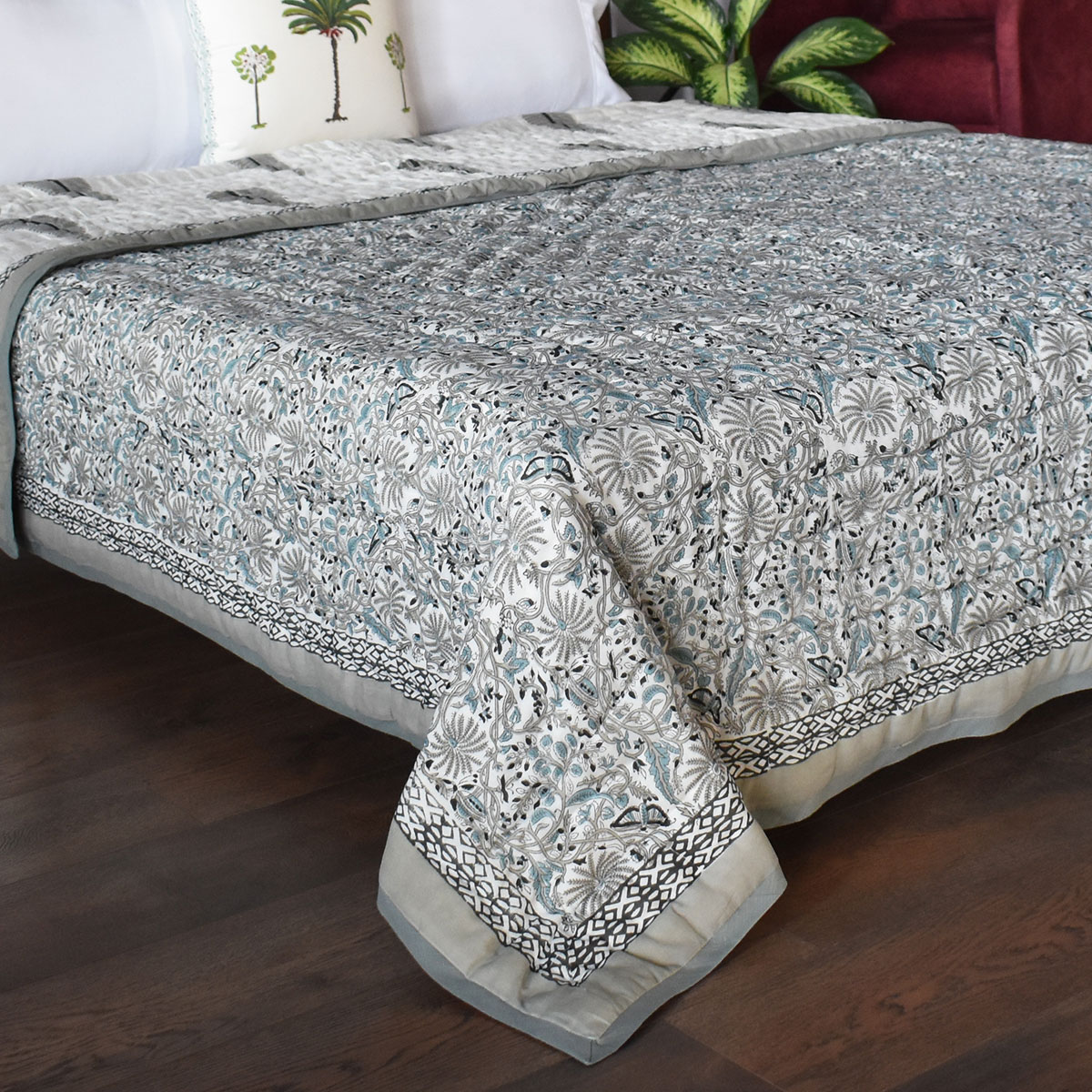 Queen Size Soft Cotton Quilt Handmade Passion Flower Grey 108709