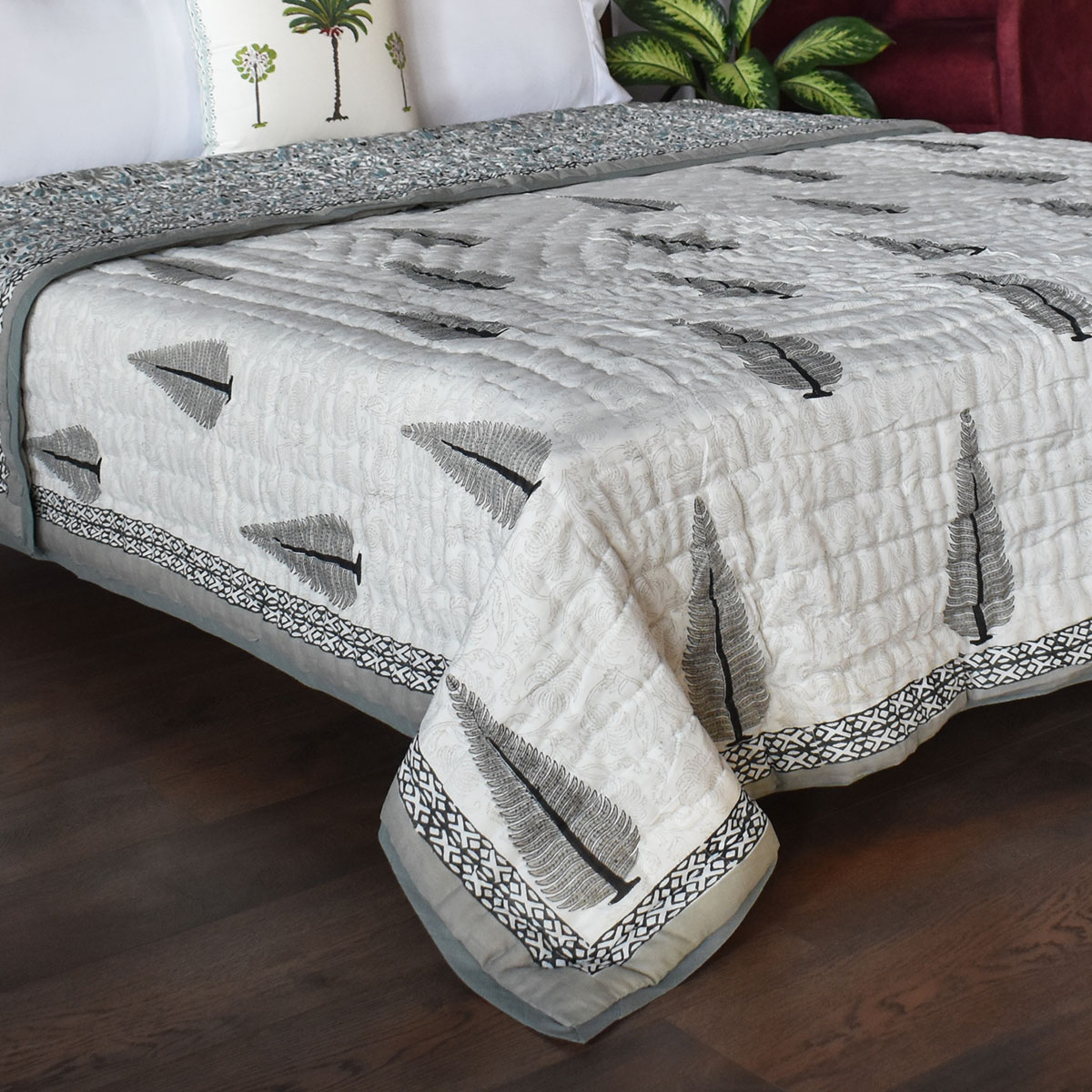 Queen Size Soft Cotton Quilt Handmade Passion Flower Grey 108709