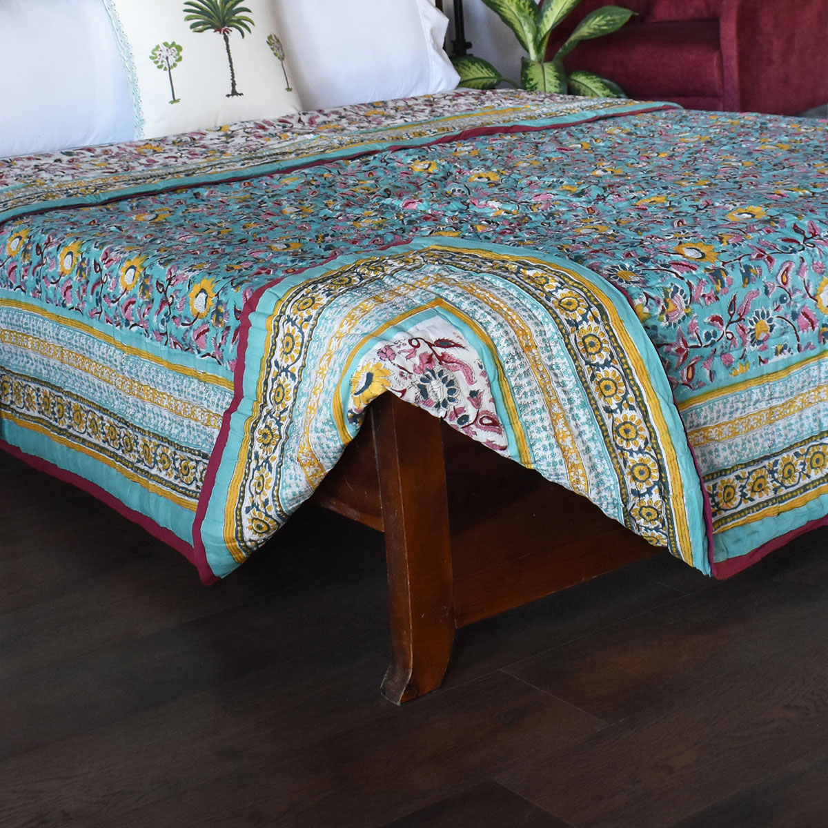 Handmade Block Printed Cotton Queen Quilt Phuljhari Jade 8368