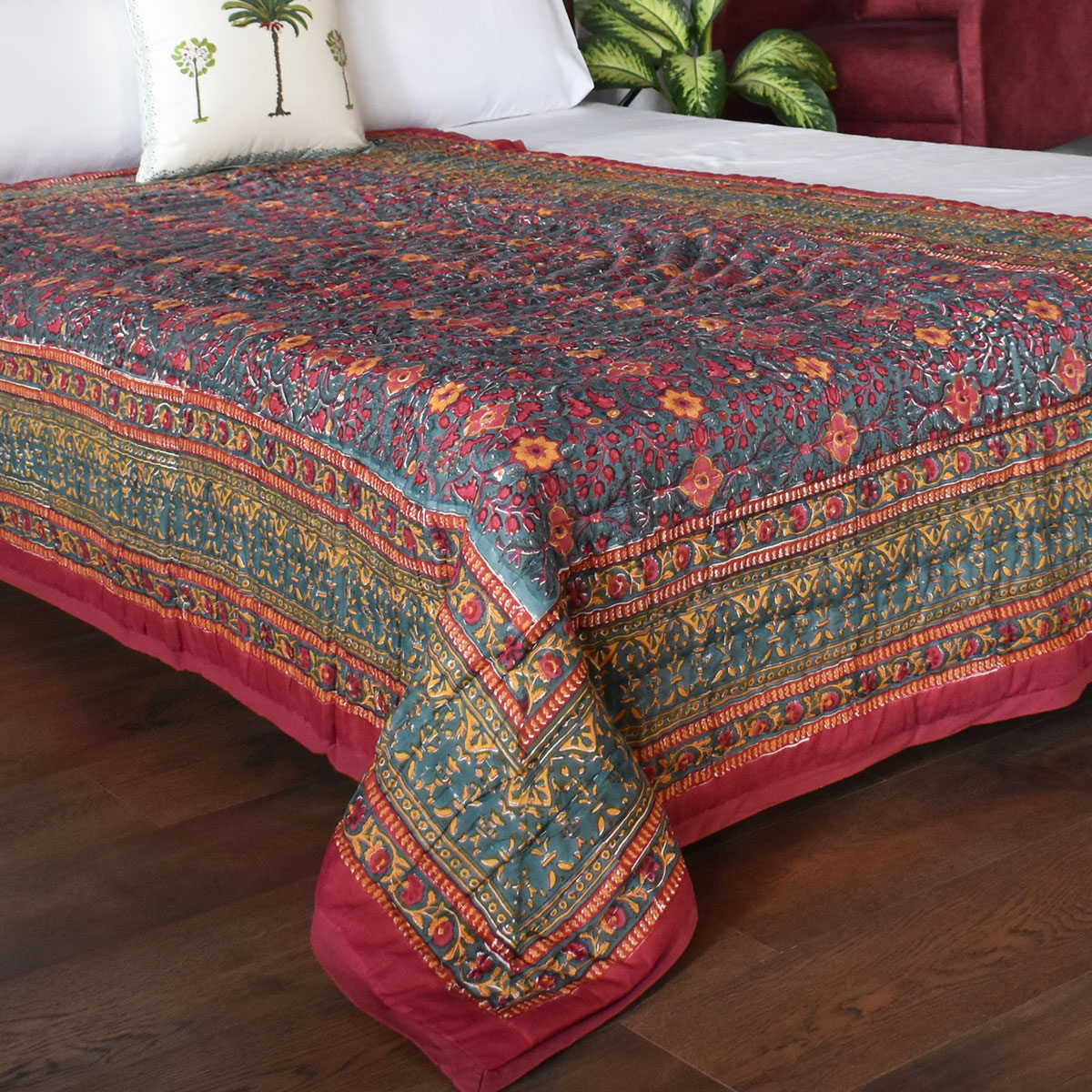 Hand Block Printed Twin Size Quilt Phulwari 208573