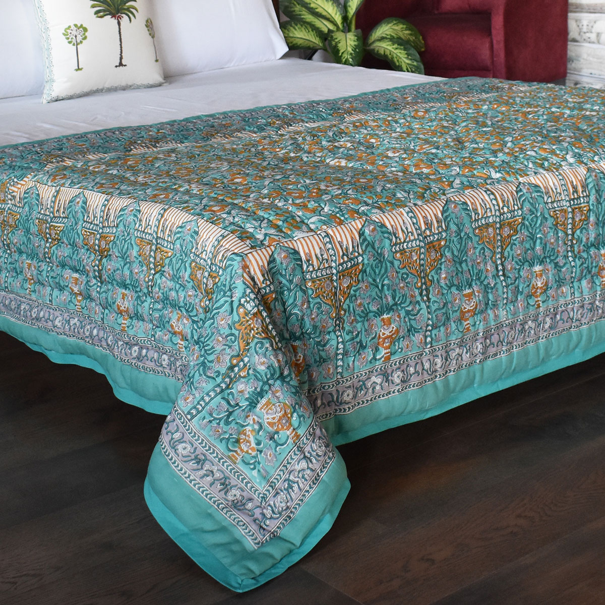 Hand Block Printed Cotton Twin Size Quilt Phulwari Blue Tint 701407