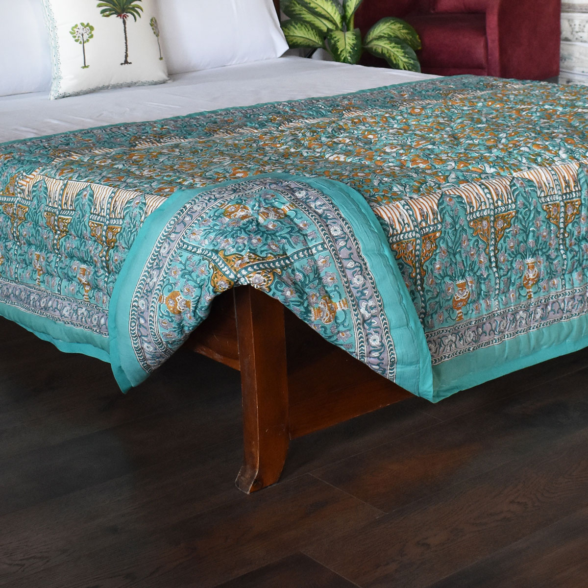 Hand Block Printed Cotton Twin Size Quilt Phulwari Blue Tint 701407