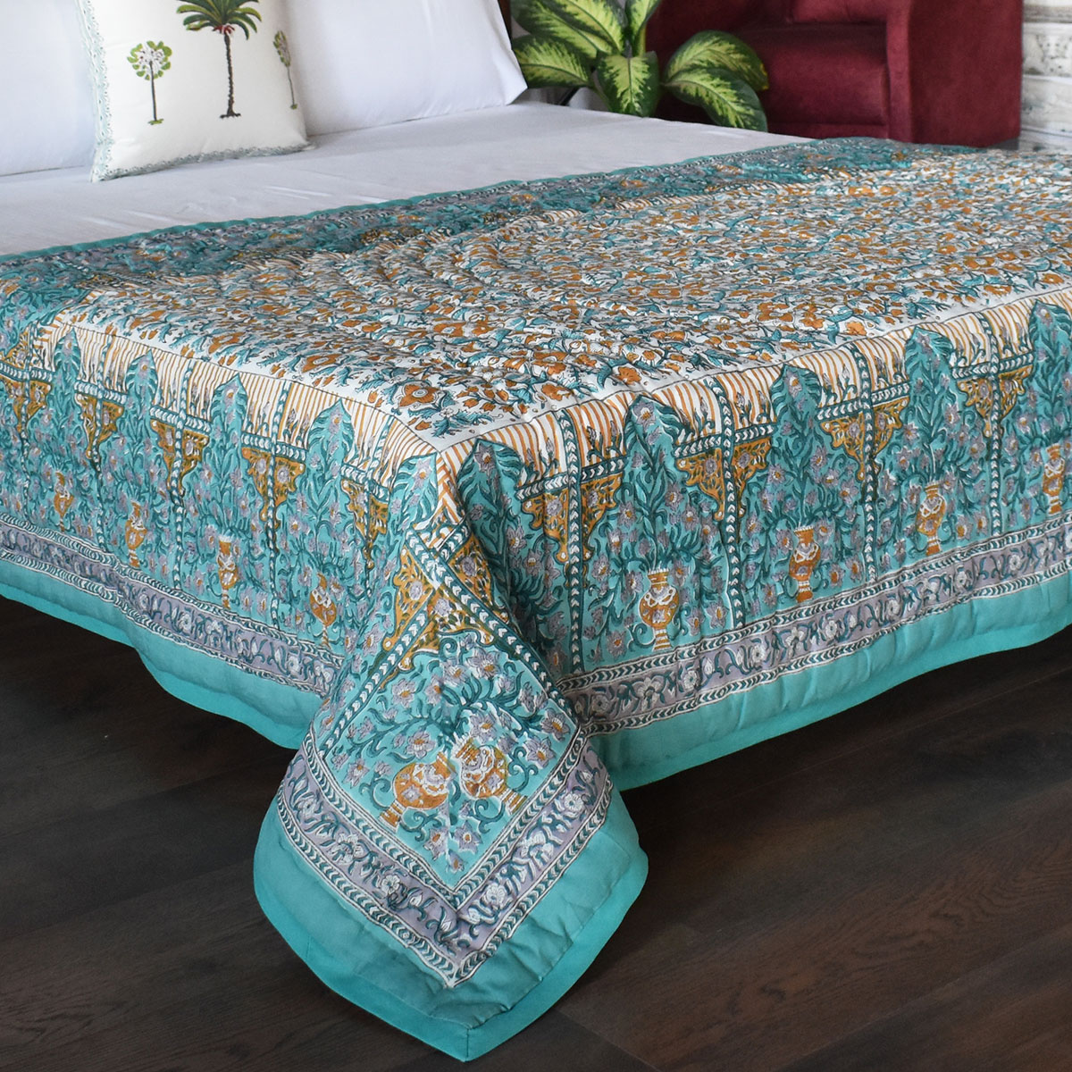 Hand Block Printed Cotton Twin Size Quilt Phulwari Blue Tint 701407