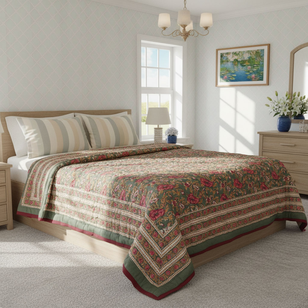 Hand Block Printed Cotton Queen Size Quilt  Pink Flower Bloom 251202