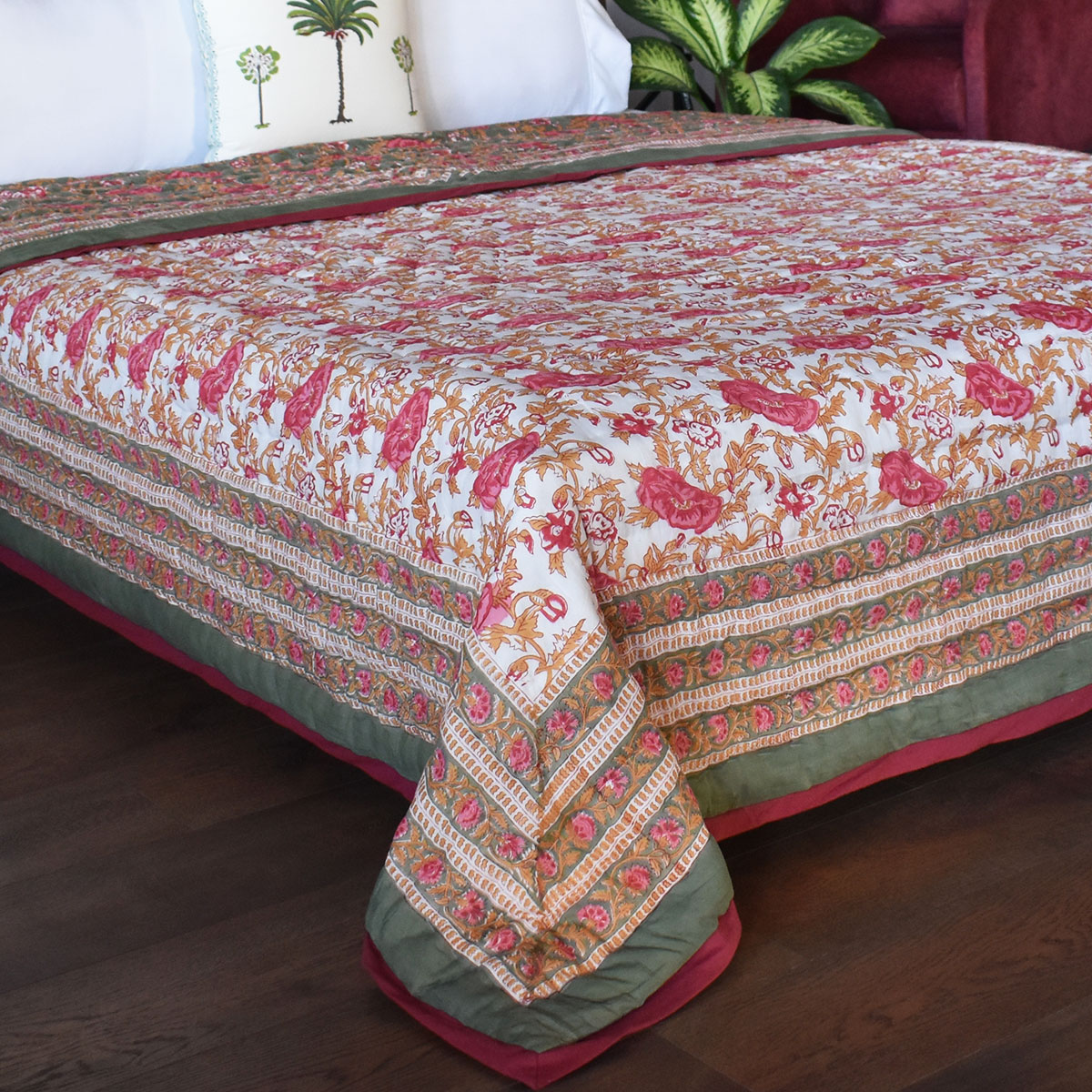 Hand Block Printed Cotton Queen Size Quilt  Pink Flower Bloom 251202