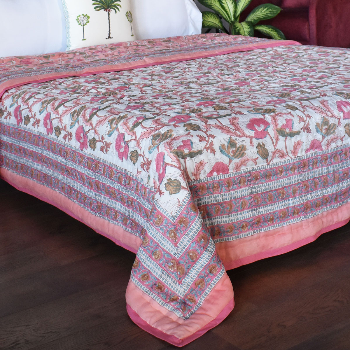 Hand Block Printed Cotton Queen Size Quilt  Pink Red Phool 906188