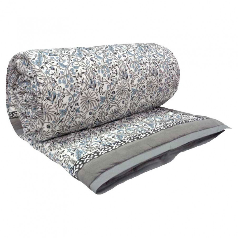 Image of Queen Size Soft Cotton Quilt Handmade | Passion Flower Grey 108709