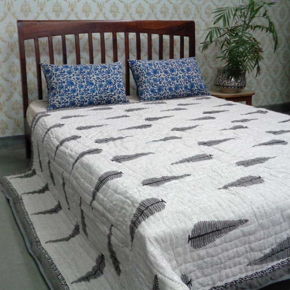 Queen Size Soft Cotton Quilt Handmade Passion Flower Grey 108709