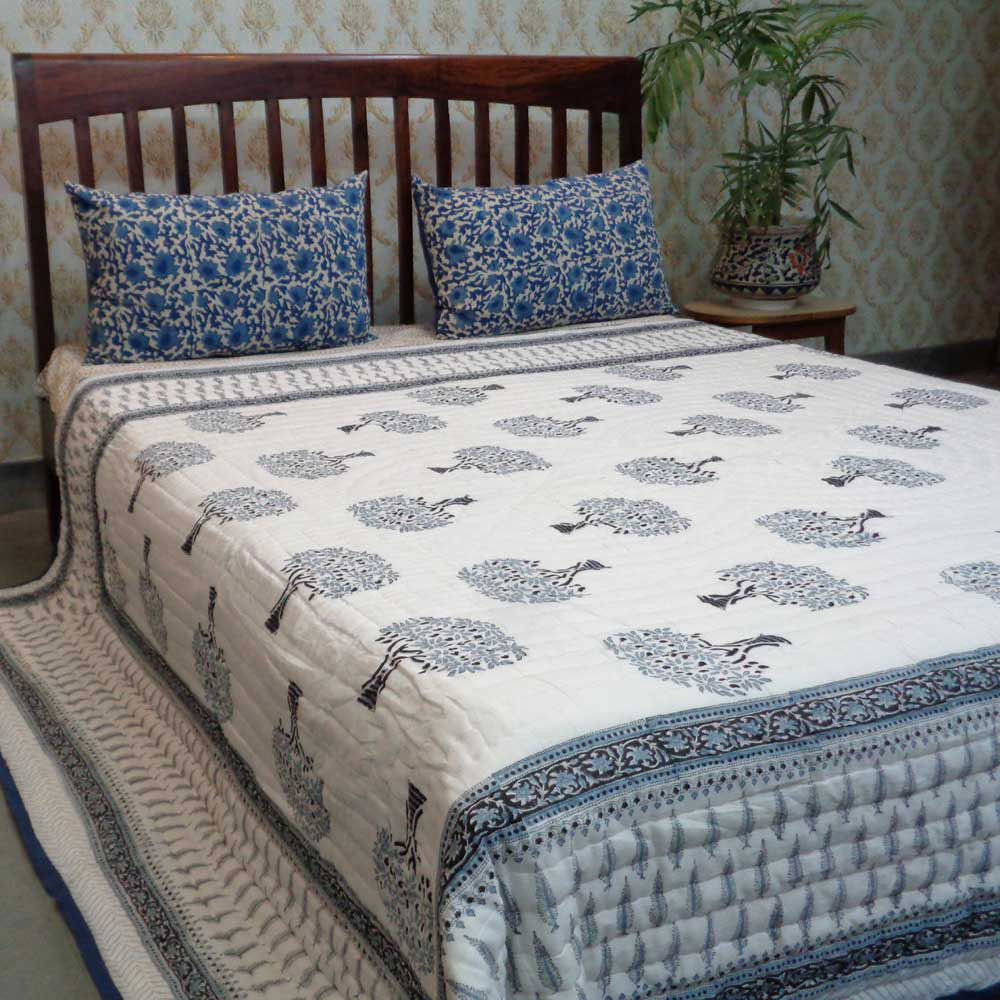 Queen Size Soft Cotton Quilt Handmade Winter Fall Tree Grey 107195