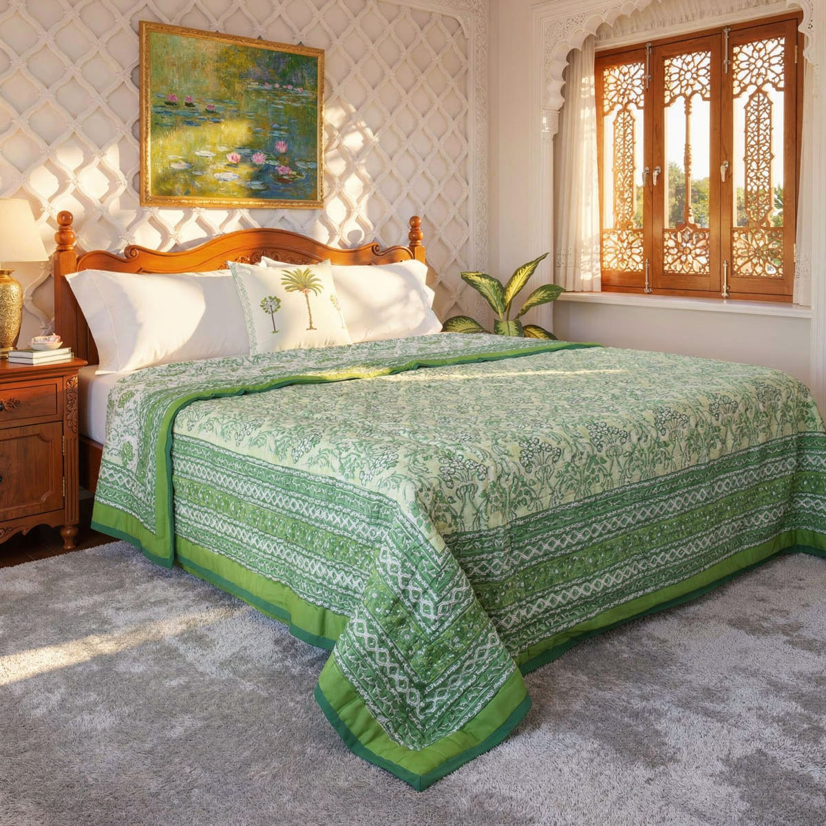 Hand Block Printed Cotton Queen Size Quilt  Raat Ki Rani Green 207006