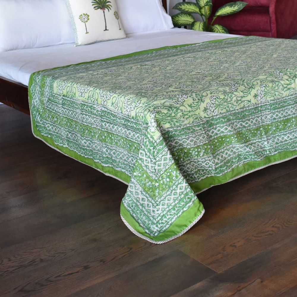 Image of Hand Block Printed Cotton Twin Size Dohar | Raat Ki Rani Green 207006