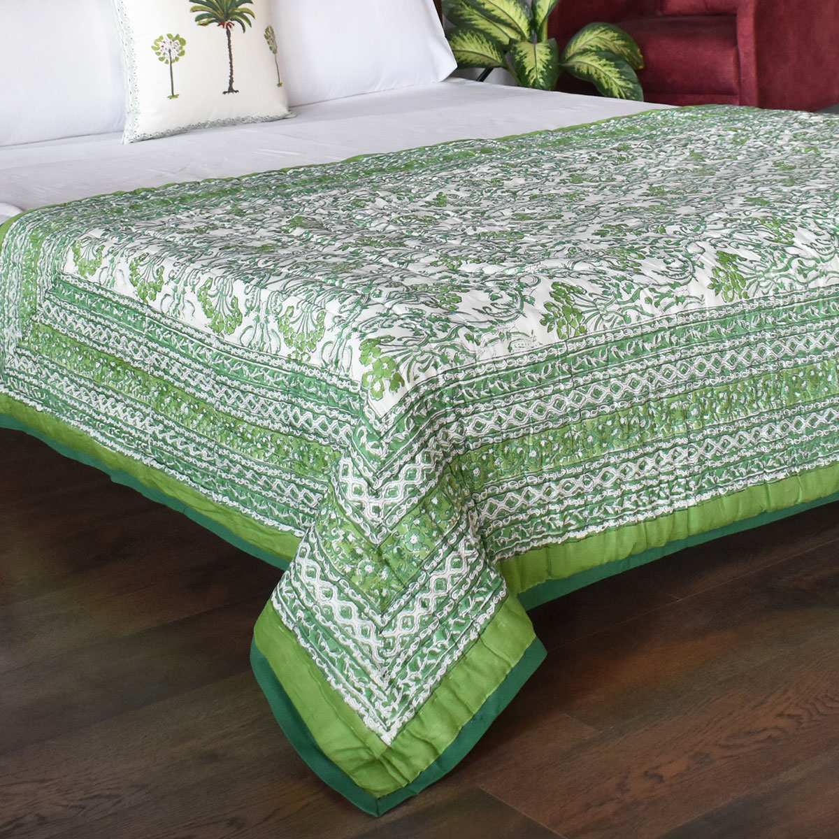 Hand Block Printed Cotton Twin Size Quilt Raat Ki Rani Green 207006