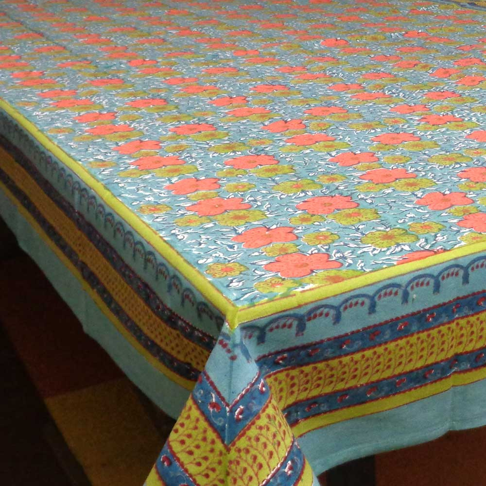 Red floral on muted base RIM JHIM 10305 Hand Block Printed Table Cover