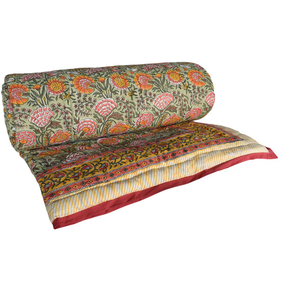 Hand Block Printed Cotton Queen Size Quilt  Reshma Sea Green 201990