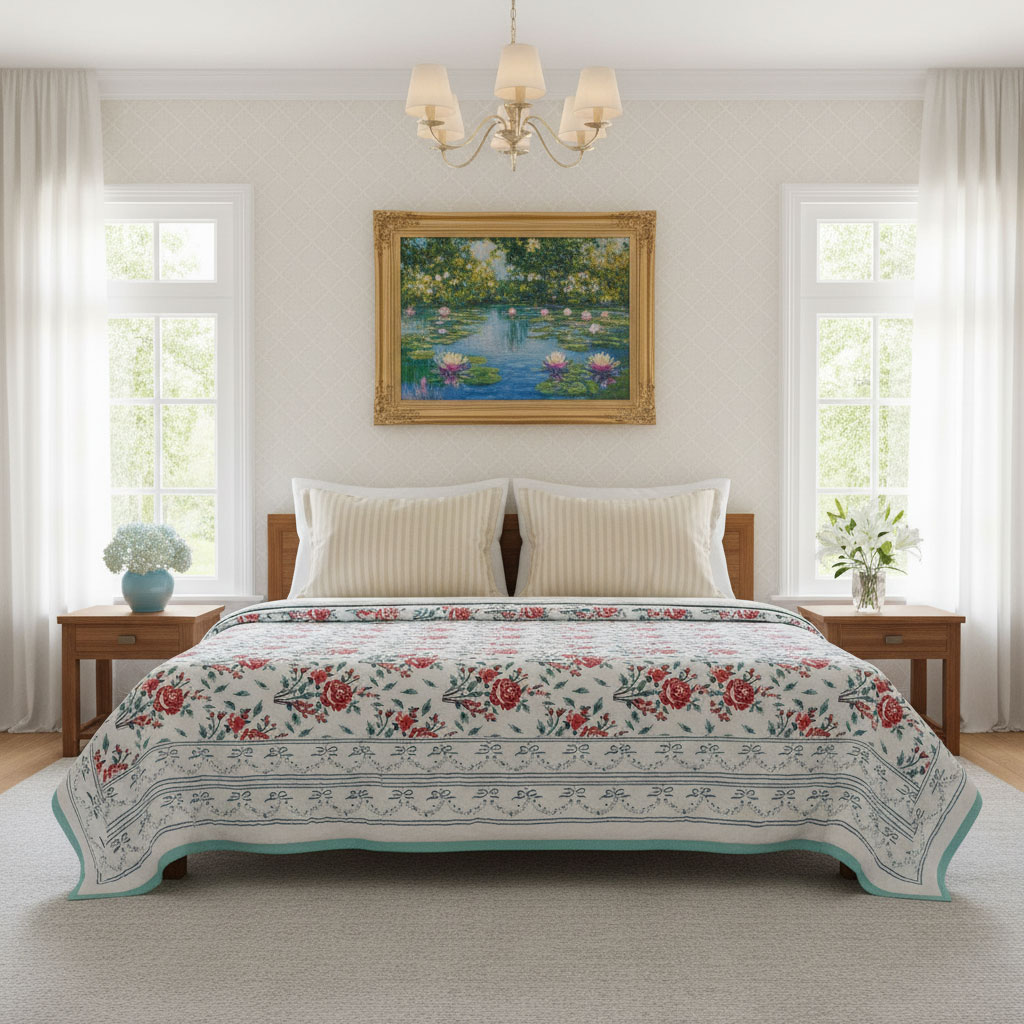 Hand Block Printed Cotton Twin Size Quilt  Roseline Pink 101834