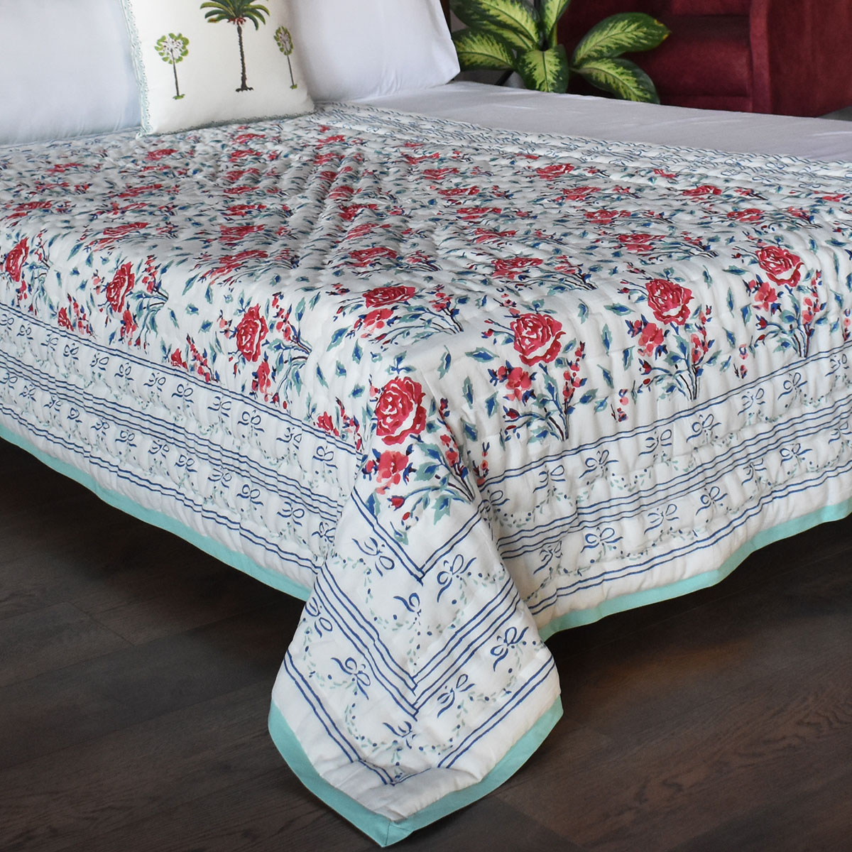 Hand Block Printed Cotton Twin Size Quilt  Roseline Pink 101834