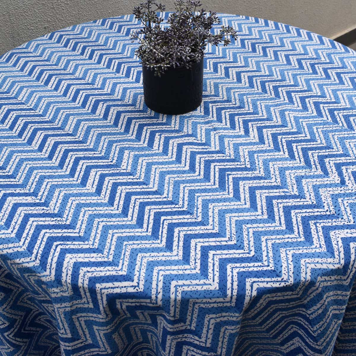 Round 220 cms Cotton French Design Table Cover Chevron Blue 107041