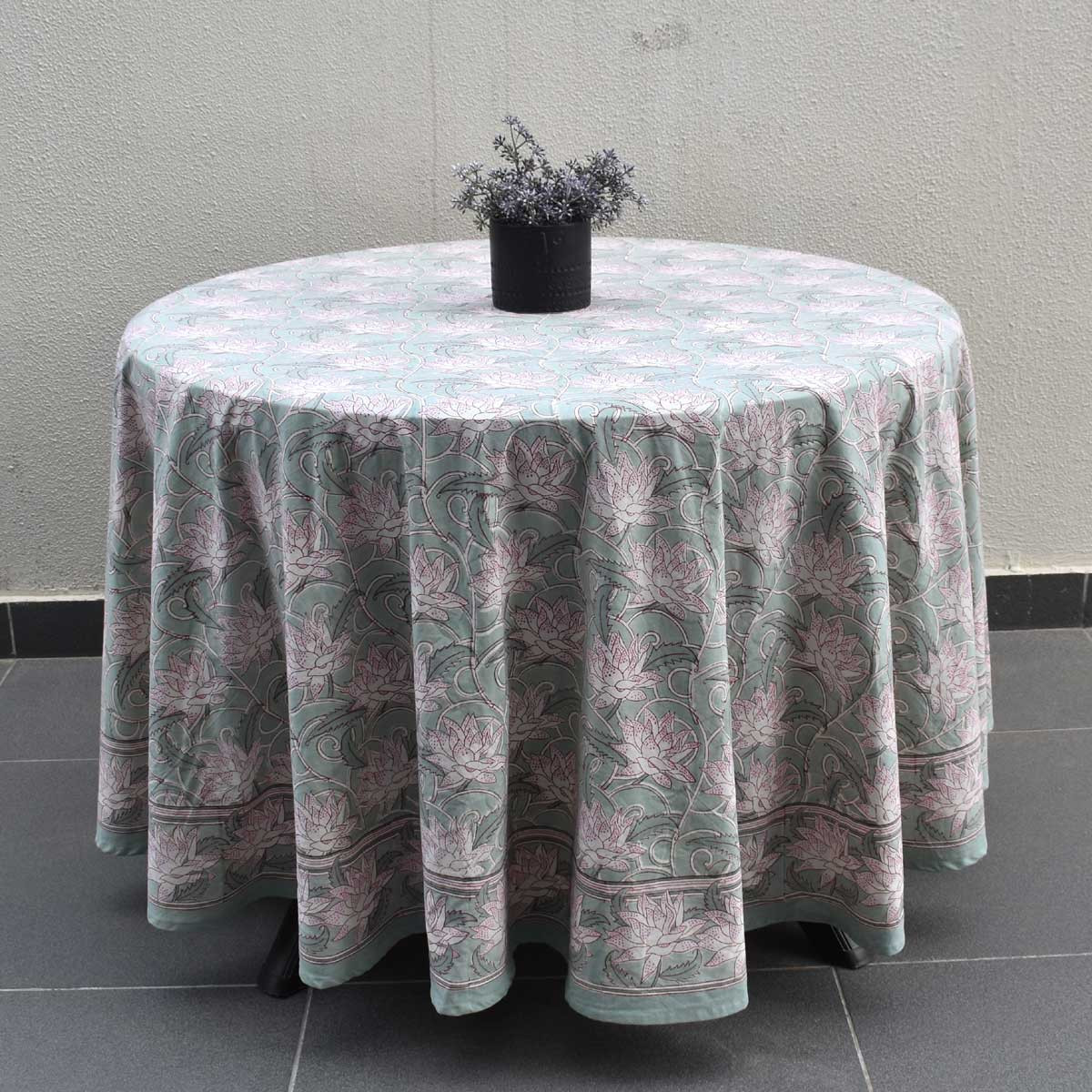 Round 220 cms Cotton French Design Table Cover  Japan Lotus Green 202501