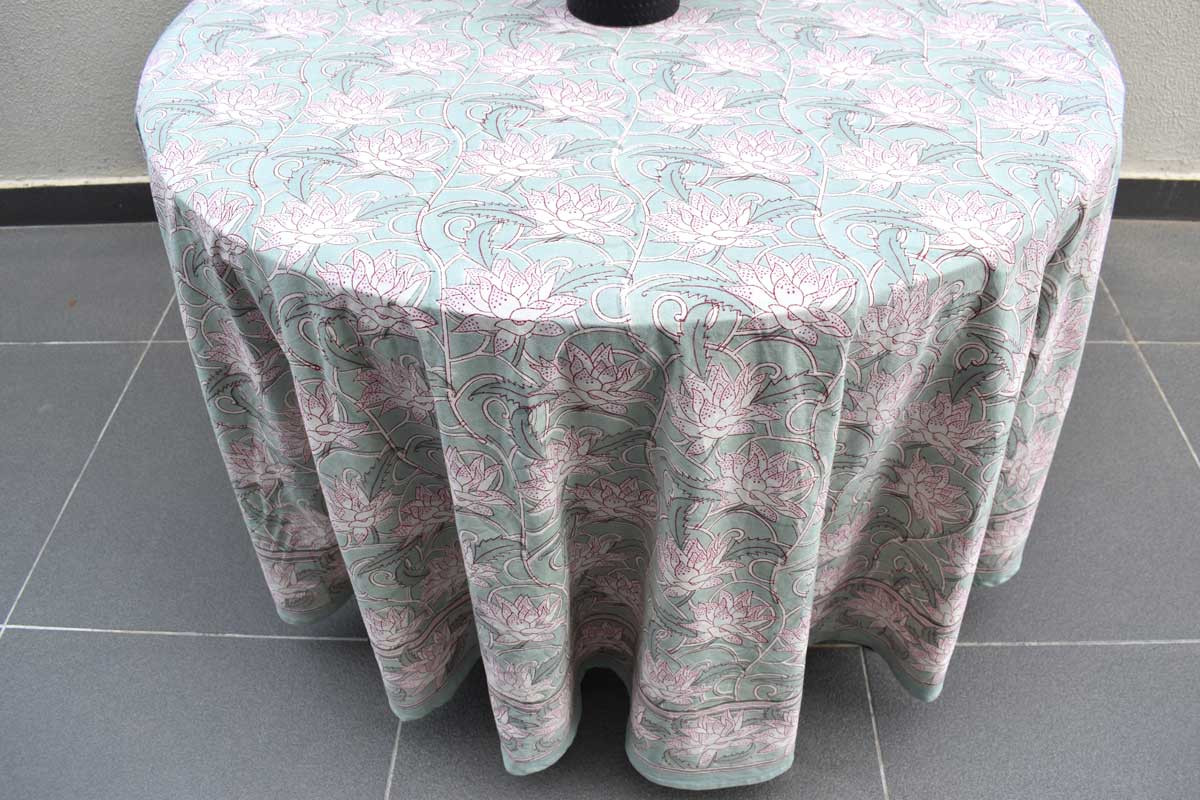 Round 220 cms Cotton French Design Table Cover  Japan Lotus Green 202501