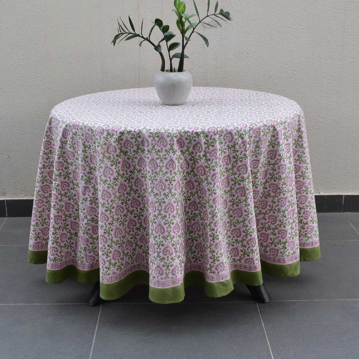 Round 220 cms Cotton French Design Table Cover  Mughal Pink Green 202520