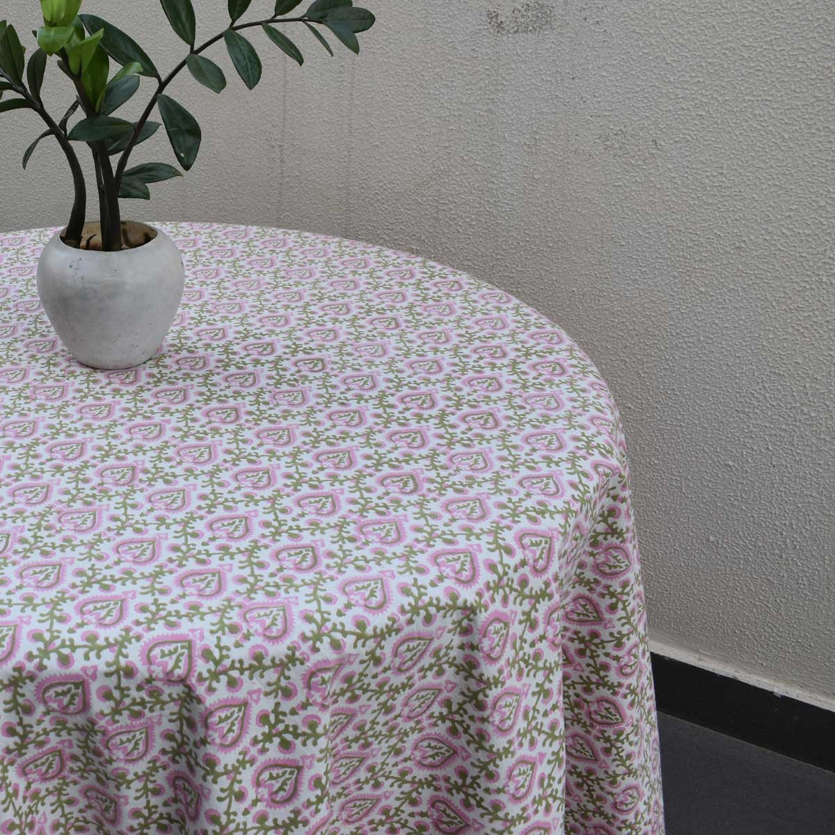 Round 220 cms Cotton French Design Table Cover Mughal Pink Green 202520