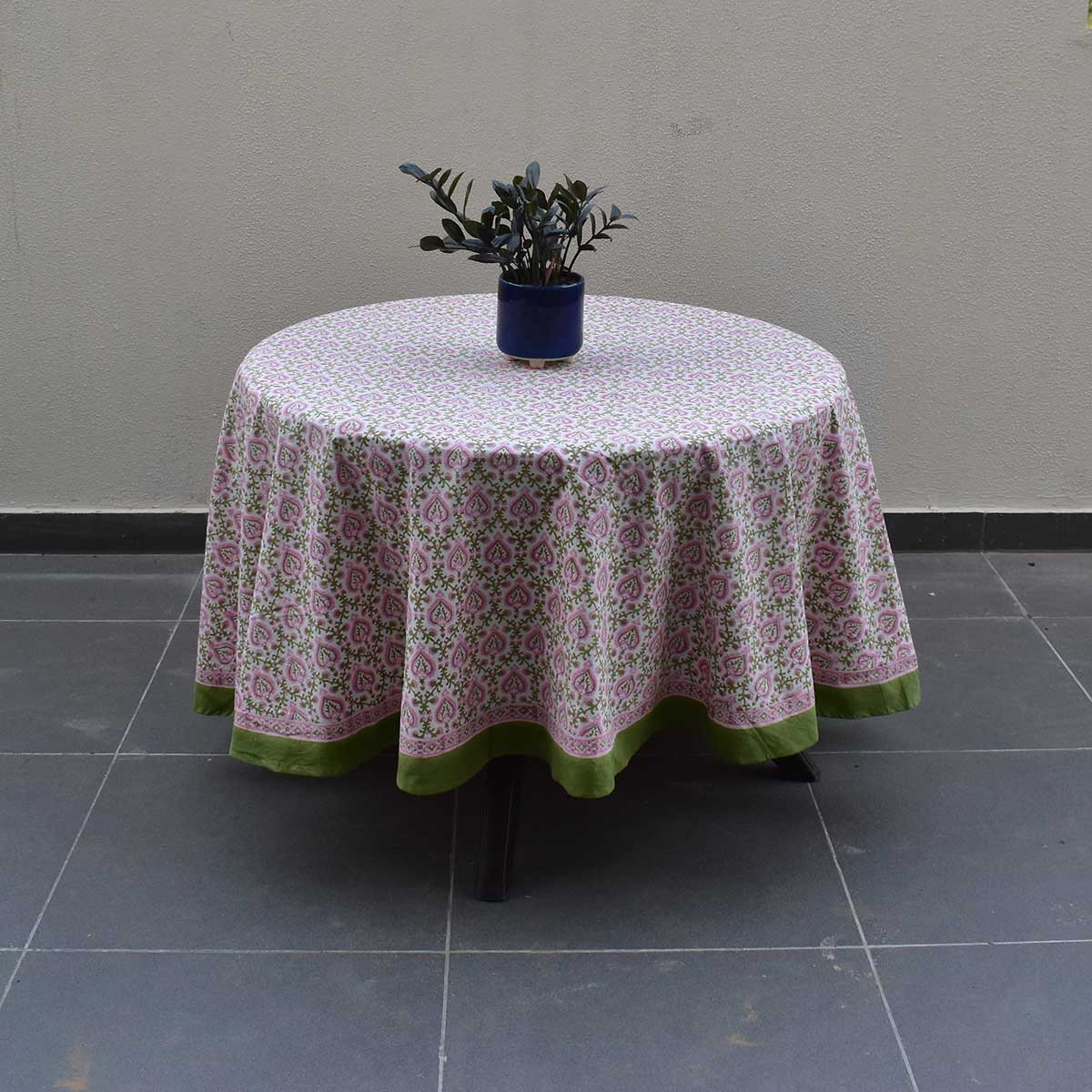 Round 220 cms Cotton French Design Table Cover  Mughal Pink Green 202520