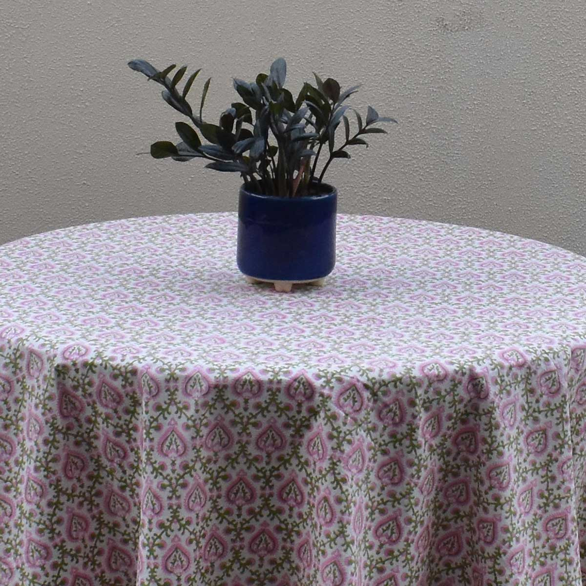 Round 220 cms Cotton French Design Table Cover  Mughal Pink Green 202520