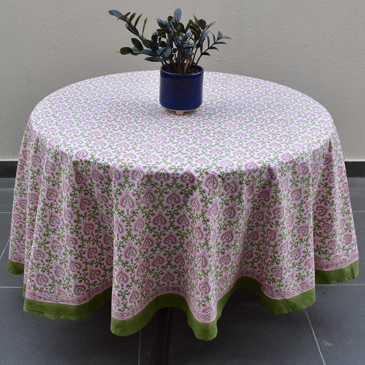 Round 220 cms Cotton French Design Table Cover  Mughal Pink Green 202520