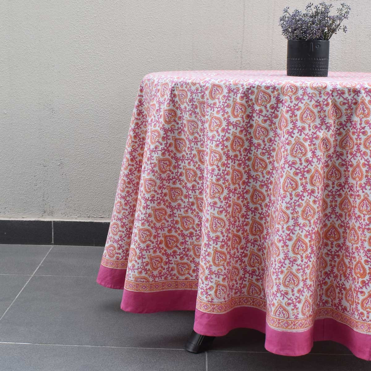 Round 220 cms Cotton French Design Table Cover  Mughal Pink Orange 202523
