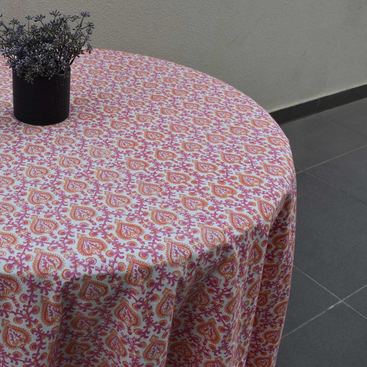 Round 220 cms Cotton French Design Table Cover  Mughal Pink Orange 202523