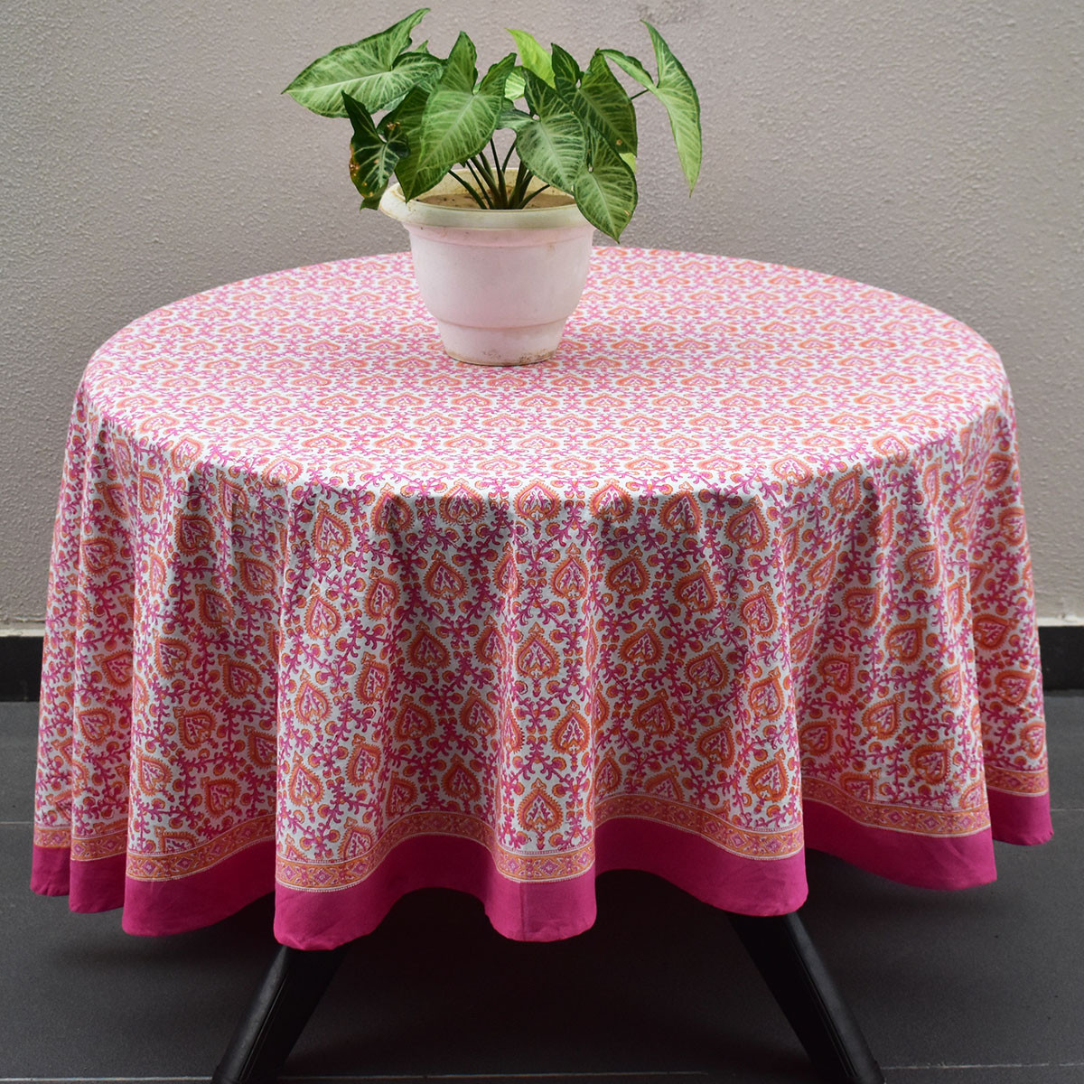Round 220 cms Cotton French Design Table Cover  Mughal Pink Orange 202523