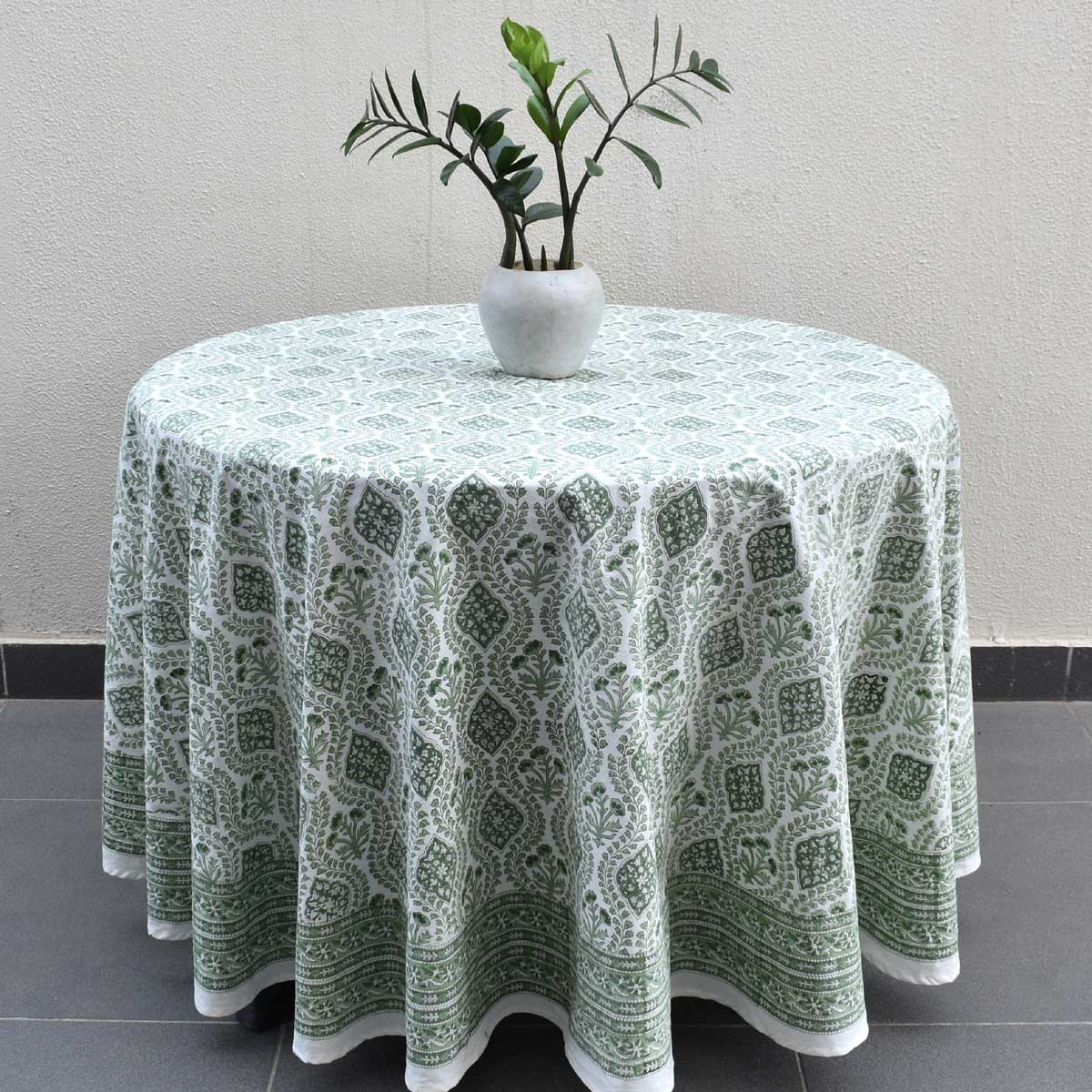 Round 220 cms Cotton French Design Table Cover Trellis Shale Green 202517