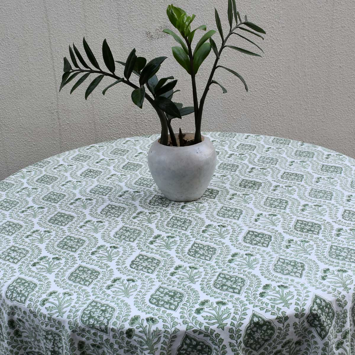 Round 220 cms Cotton French Design Table Cover  Trellis Shale Green 202517