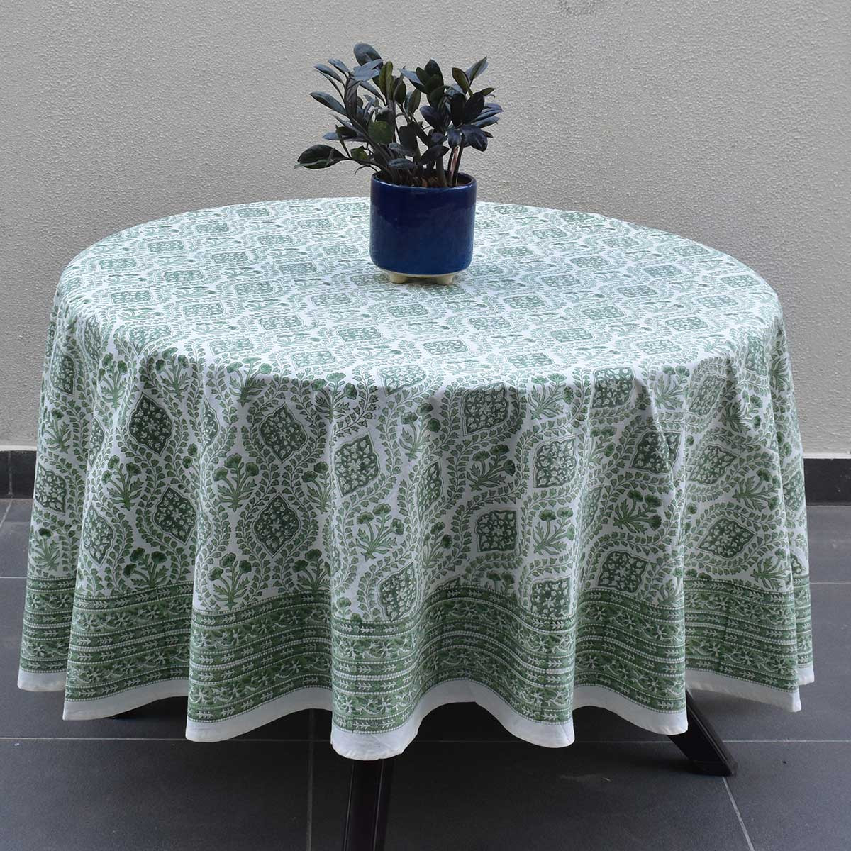 Round 220 cms Cotton French Design Table Cover Trellis Shale Green 202517