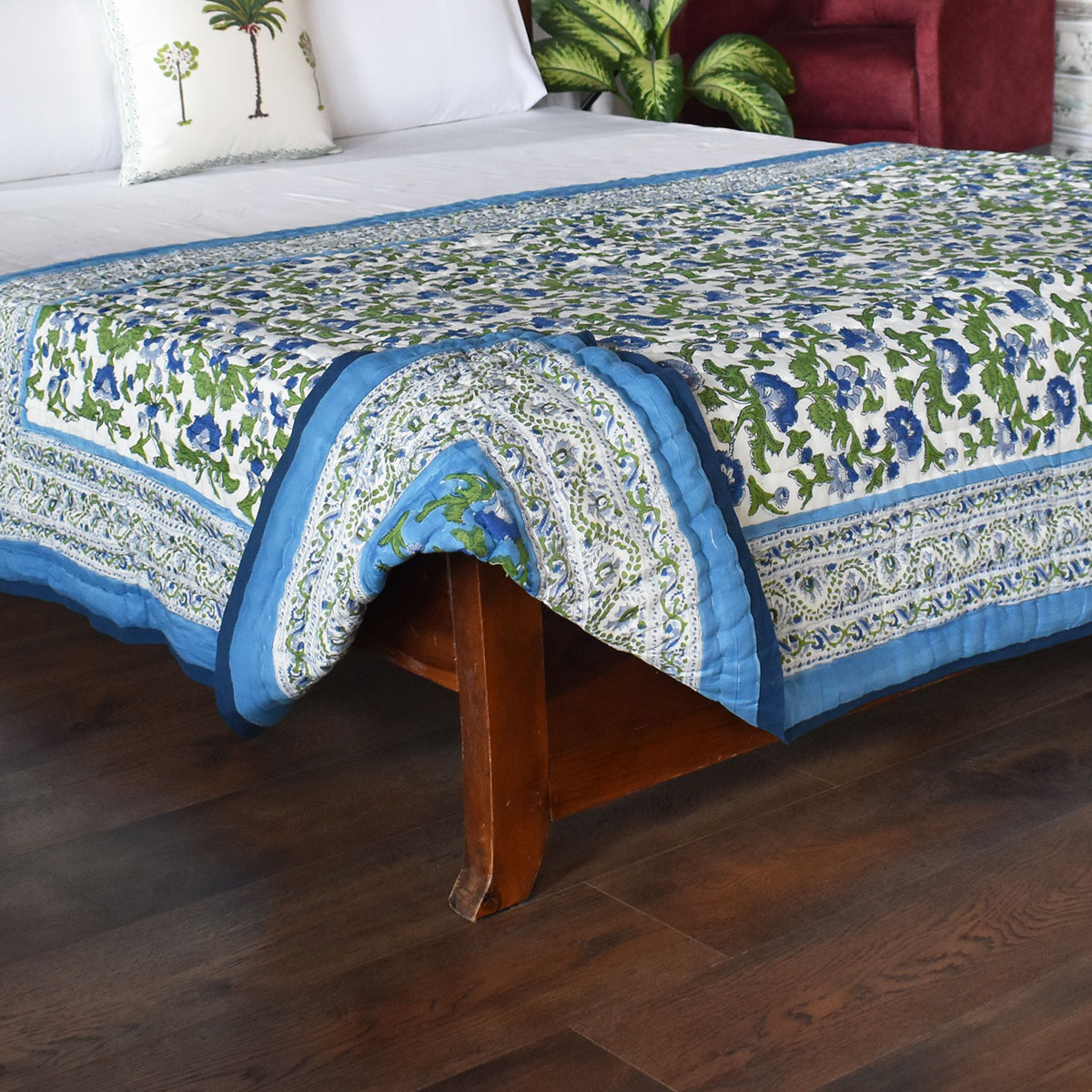 Hand Block Printed Cotton Twin Size Quilt Rukhsana Blue 102436