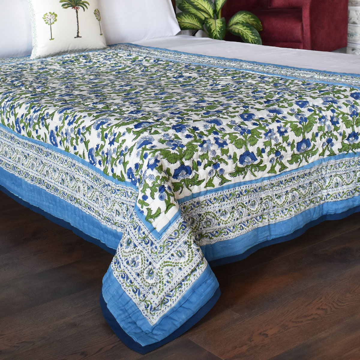 Hand Block Printed Cotton Twin Size Quilt Rukhsana Blue 102436