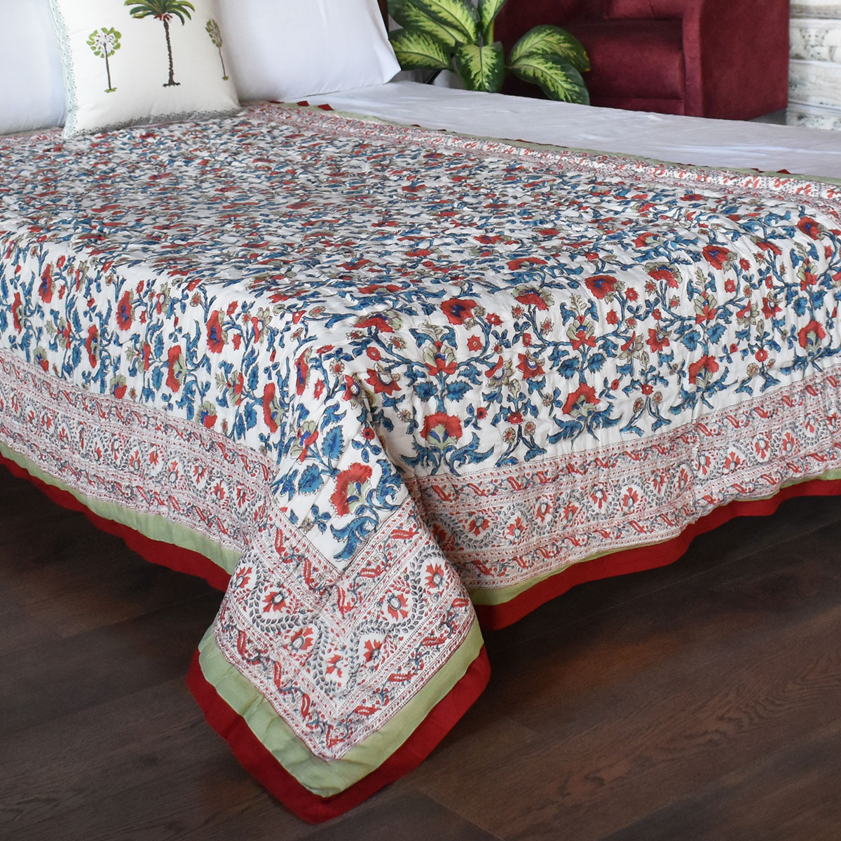 Hand Block Printed Cotton Twin Size Quilt Rukhsana Jade Gud 204222