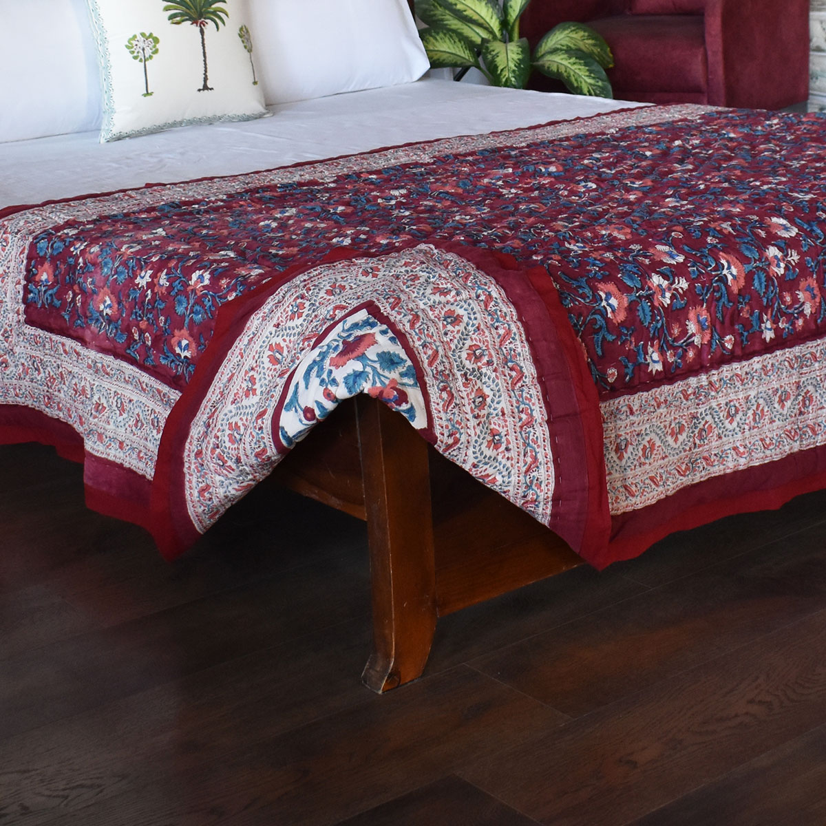 Hand Block Printed Cotton Twin Size Quilt Rukhsana Maroon Gud 105823