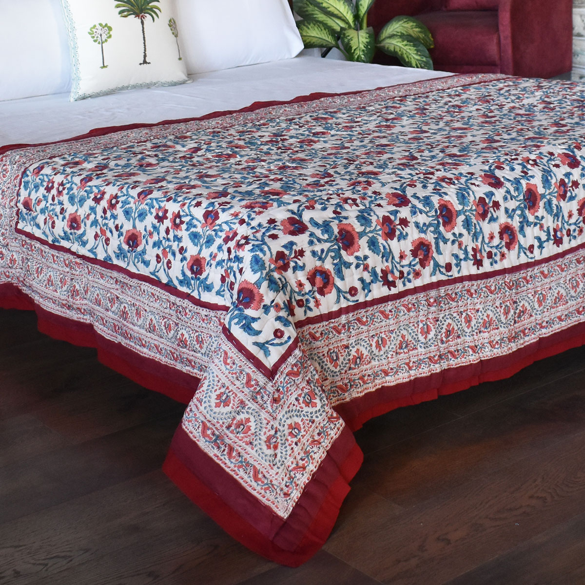 Hand Block Printed Cotton Twin Size Quilt Rukhsana Maroon Gud 105823
