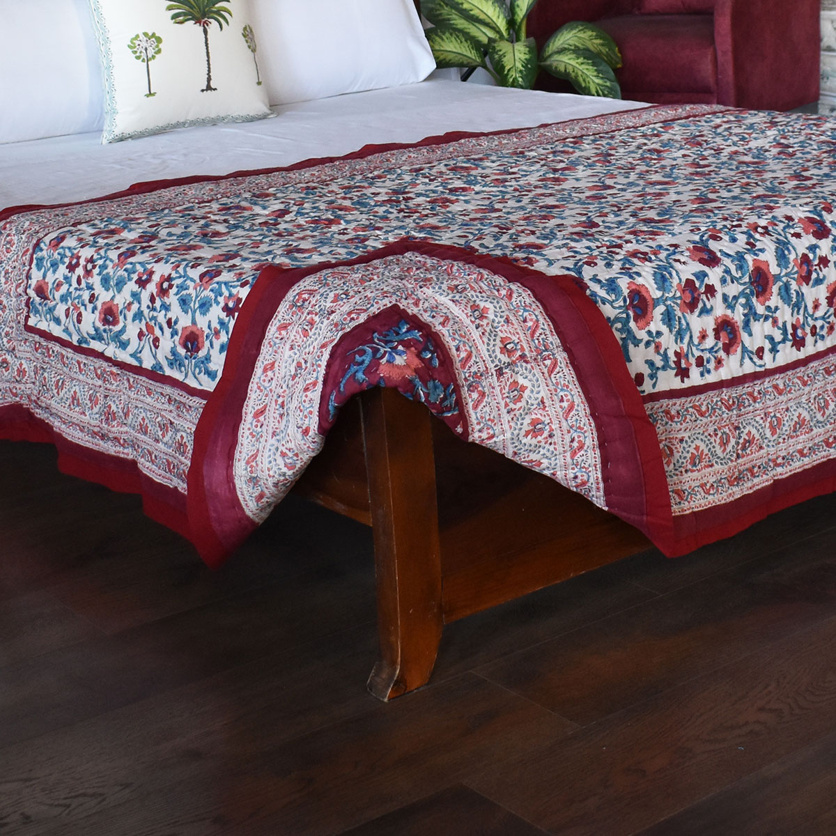 Hand Block Printed Cotton Twin Size Quilt Rukhsana Maroon Gud 105823
