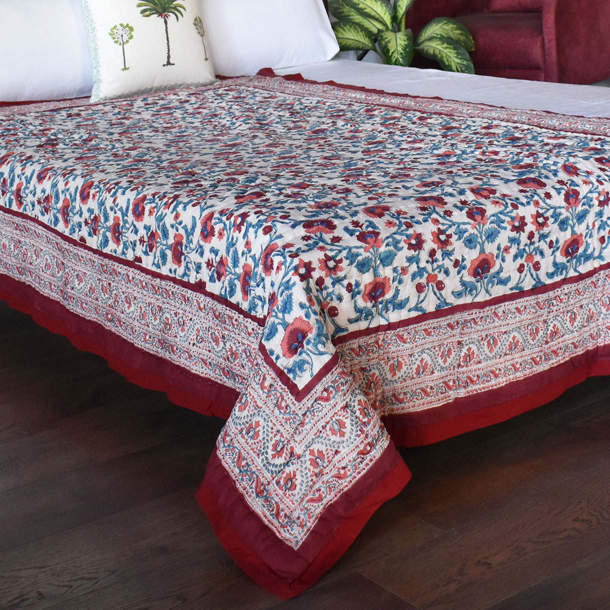 Hand Block Printed Cotton Twin Size Quilt Rukhsana Maroon Gud 105823